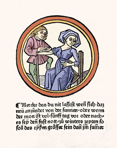 Eine Frau blutet. Xylographie aus „Buch de Surgery“ von Hyeronimus Braunschweig. Straßburg 1497 von Hieronymus Brunschwig
