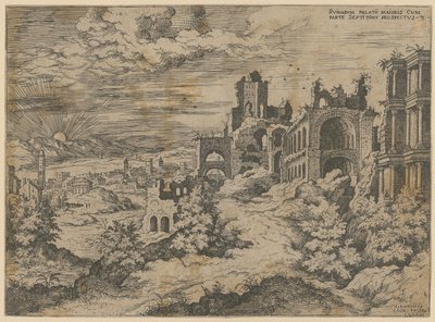 Palatinruinen mit Landschaftspanorama, Blatt 3 der Folge "Praecipua aliquot Romanae Antiquitatis Ruinarum Monimenta [...]" von Hieronymus Cock
