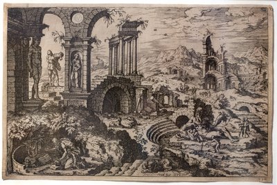 Ruinenlandschaft mit dem reuigen heiligen Hieronymus von Hieronymus Cock