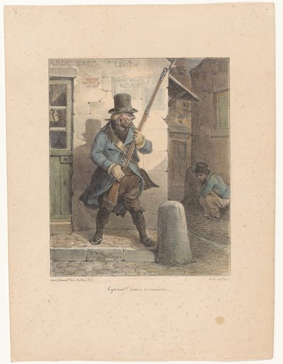 Soldat ruft Korporal, der auf der Straße sein Geschäft verrichtet von Hippolyte Bellange