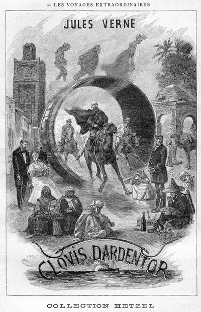 Illustration des Buches "Clovis Dardentor" von Jules Verne, Frontispiz-Gravur der Hetzel-Ausgabe von Hippolyte Leon Benett