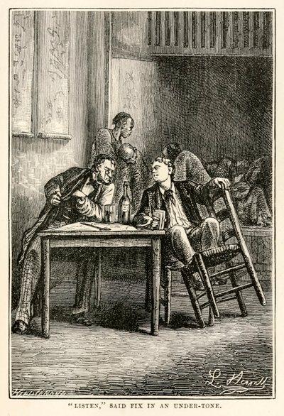 Hören Sie, sagte Fix im Flüsterton, aus In 80 Tagen um die Welt von Jules Verne (1828-1905) graviert von Henri-Théophile Hildebrand (1824-97), 1873 von Hippolyte Leon after Benett