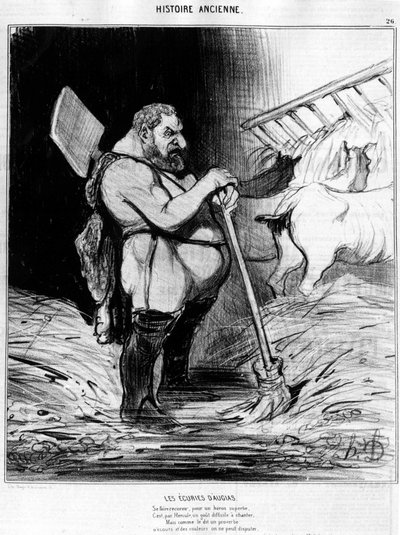 Augiasställe. Mann mit dem Aussehen eines Zwerges in einem Stall: aus „Alte Geschichte“, Karikatur von Honore Daumier von Honoré Daumier