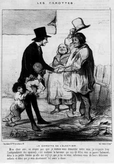 Wahlkandidat besucht eine Bauernfamilie: „Die Karotte der Wahl“ - Karikatur von Daumier, in „Charivari“ vom 21.03.1844 von Honoré Daumier