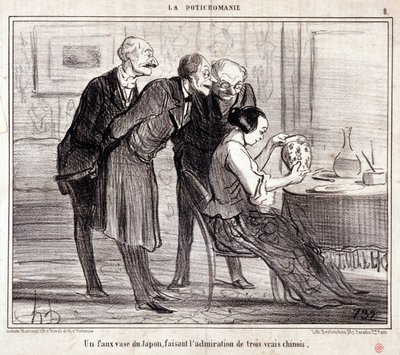 Karikatur über Kunstsammler. Serie „Potichomania“: „Eine falsche Vase aus Japan bewundert drei Chinesen.“ von Honoré Daumier