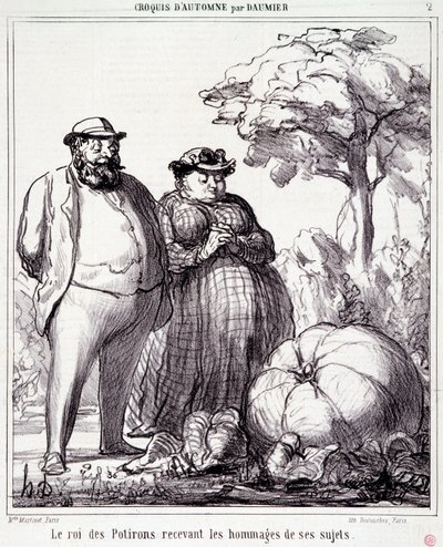 Karikatur über Gartenarbeit. Serie „Herbstskizze“: „Der Kürbiskönig empfängt Huldigungen von seinen Untertanen“ von Honoré Daumier