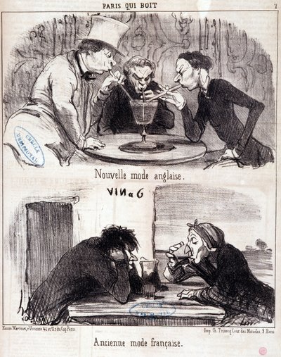 Karikatur über gastronomischen Missbrauch. Serie „Paris, das trinkt“: neue englische Mode und alte französische Mode. Gravur von Honore Daumier. Auszug aus der Zeitung „Le Charivari“ 23. Juni 1852 von Honoré Daumier