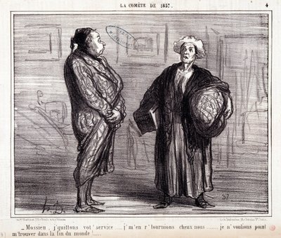Karikatur über Wissenschaft. Serie „Über den Kometen von 1857“: „Monsieur, ich verlasse Ihren Dienst...“. Gravur von Honore Daumier. Auszug aus der Zeitung „Le Charivari“ am 13. März von Honoré Daumier