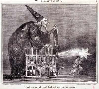 Karikatur über Wissenschaft. Serie Sur „der Komet von 1857“: „Der deutsche Astronom verlässt eine berühmte Ente“. Gravur von Honore Daumier (1808-1879). Auszug aus der Zeitung „Le Charivari“ 2. März von Honoré Daumier