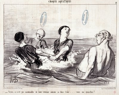 Karikatur über Touristen im Urlaub am Meer. Serie „Les Bains de Mer“: „Aquatische Skizze. Sehen Sie, es ist nicht vernünftig, sich so im Wasser zu bewegen... Sie machen mich nass!“ Gravur von Honore Daumier (1808-1879). Auszug aus der Zeitung „Le Charivari von Honoré Daumier