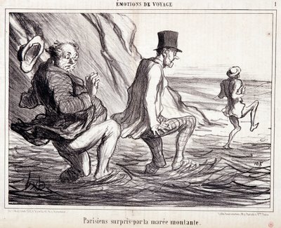 Karikatur über Touristen im Urlaub. Serie „Les Bains de Mer“: „Reiseemotionen. Pariser von der steigenden Flut überrascht“. Gravur von Honoré Daumier (1808-1879). Auszug aus der Zeitung „Le Charivari“ vom 8. Oktober. von Honoré Daumier