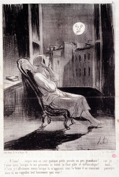 Karikatur über Schriftstellerinnen. Serie „Bas Bleus“: „O! Mond, inspiriere mich heute Nacht...“. Gravur von Honoré Daumier (1808-1879). Auszug aus der Zeitung „Le Charivari“ vom 28. Februar. von Honoré Daumier