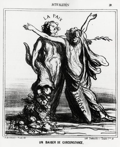 Europa und Frieden: ein besonderer Kuss. Illustration von Honoré Daumier (1808-1879), veröffentlicht in den Nachrichten, Charivari, datiert 1. April von Honoré Daumier