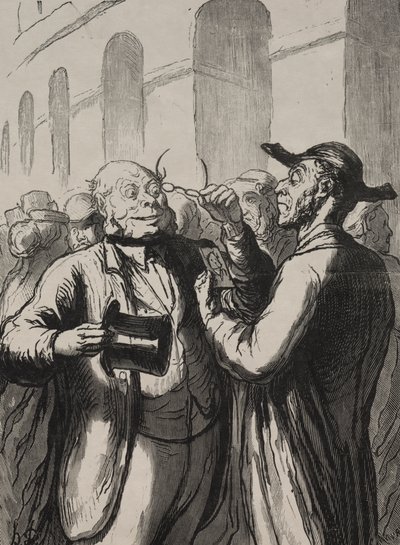 Weltausstellung: Die Inspektion der Fotografien an den Drehkreuzen. Die Kahlköpfigen müssen ihren Hut abnehmen und die Kurzsichtigen ihre Brille von Honoré Daumier