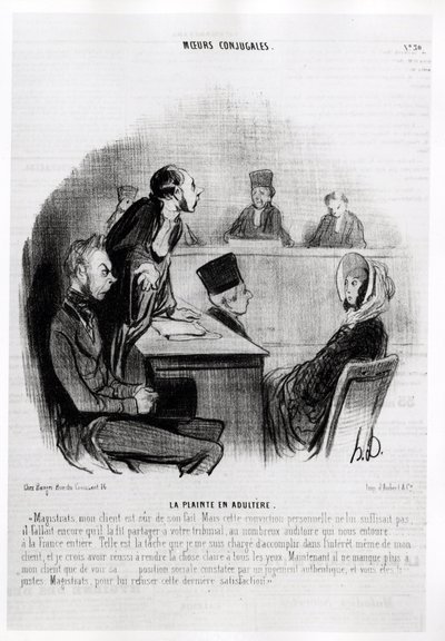 Ehe: Klage wegen Ehebruchs. Illustration von Honore Daumier (1808-1879), veröffentlicht in den Nachrichten in „Charivari“, datiert 20. November 1840 von Honoré Daumier