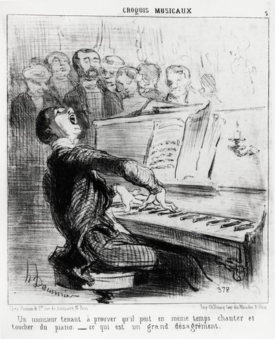 Musikalische Skizzen: ein Herr, der beweisen möchte, dass er gleichzeitig singen und Klavier spielen kann, was sehr unelegant ist. Illustration von Honore Daumier (1808-1879), veröffentlicht in „Charivari“, datiert 17. Februar 1852 von Honoré Daumier