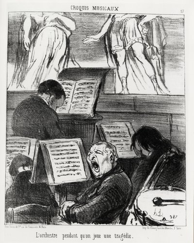 Musikalische Skizzen: das Orchester beim Spielen einer Tragödie. Illustration von Honore Daumier (1808-1879), veröffentlicht in „Charivari“, datiert 5. April 1852 von Honoré Daumier