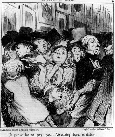 Das Publikum der Show. Ein Tag, an dem man nicht bezahlt. Fünfundzwanzig Grad Hitze, aus „Gemälde und Salons“, Karikaturenserie von Honore Daumier (1808-1879). „Charivari“ von Honoré Daumier