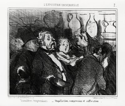 Weltausstellung: erste Eindrücke: Verblüffung, Kompression und Erstickung. Illustration von Honore Daumier (1808-1879), veröffentlicht in den Nachrichten, „Charivari“, datiert 24. Mai 1855 von Honoré Daumier
