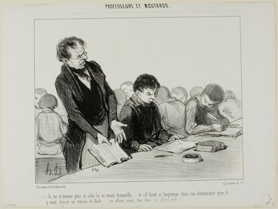 „- Jetzt verstehe ich, warum dieser Kerl die ganze Zeit so ruhig war..... anstatt leise in seinem griechischen Wörterbuch zu lesen, hat er sich in einen Roman von de Kock vertieft.... Oh mein Gott.... wo soll das alles enden!!“, Platte 22 aus Professeurs E von Honoré Victorin Daumier