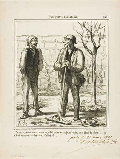 "- Sie scheinen meine Arbeit gerne zu machen. Im Gegenzug könnte ich anbieten, Ihren Job zu machen: Ich werde in Ihrer Kutsche fahren!", Platte 249 aus Les Parisiens A La Campagne von Honoré Victorin Daumier