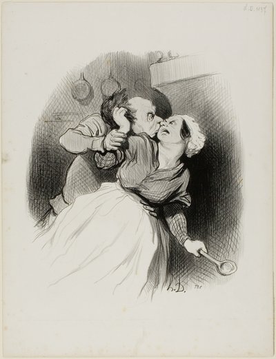 Eine Rückkehr der Jugend. „Schrei so viel du willst, du kleiner Teufel.... meine Frau ist nicht zu Hause.... reiß mir die Haare aus, so viel du willst!“, Platte 50 aus Les beaux Jours de la vie von Honoré Victorin Daumier