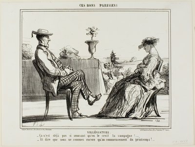 Urlaub auf dem Land. „- Das Leben auf dem Land ist wirklich nicht so unterhaltsam, wie alle sagen. - Und zu denken, dass der Frühling gerade erst begonnen hat,“ Platte 14 aus Ces Bons Parisiens von Honoré Victorin Daumier