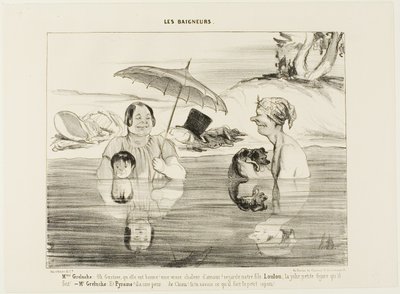 Madame Greluche: „Oh, Gustave, wie schön! Eine echte wohltuende Wärme! Schau dir unseren Sohn Loulou an; das süße Gesicht, das er macht!“ Herr Greluche: „Und Pyramus, er hat Angst, Angst wie ein Hund. Wenn du nur wüsstest, was er gerade macht, der kleine S von Honoré Victorin Daumier