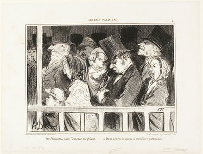 Pariser freuen sich auf etwas Spaß. Zwei Stunden vor jedem Theater der Stadt anstehen, Platte 1 aus Les Bons Parisiens von Honoré Victorin Daumier