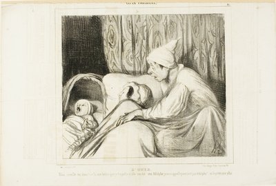 Sinn des Hörens. "- Wach auf Nini!... Ich rufe sie seit mehr als einer Stunde, und sie antwortet immer: ja Adolphe. Aber weder der Name des Kindes noch meiner ist Adolphe!", Platte 41 aus Pariser Typen von Honoré Victorin Daumier