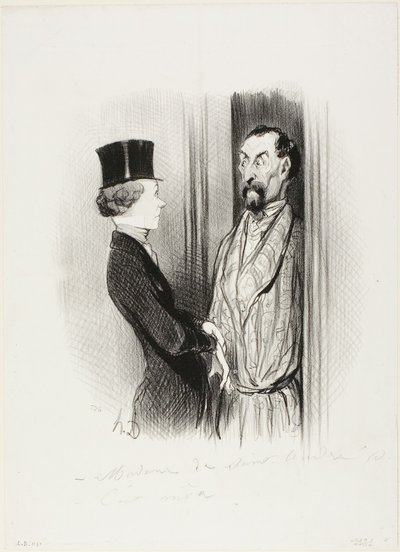 Das Rendezvous. „- Madame Eudoxie Blancminet? - Das bin ich, Monsieur... was kann ich für Sie tun?“, Platte 44 aus Les Beaux Jours De La Vie von Honoré Victorin Daumier