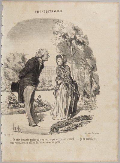 Ich bitte um Verzeihung, wenn ich Sie nicht gleich bemerkt habe..., Nummer 55 aus der Serie „Alles, was man will“ aus Le Charivari von Honoré Daumier