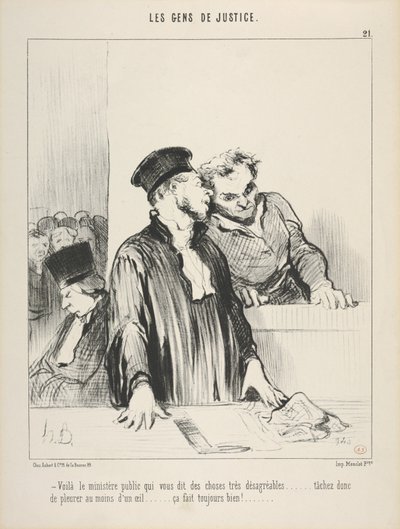 Die Leute vom Gericht, Tafel 21, „Da ist die Staatsanwaltschaft, die Ihnen sehr unangenehme Dinge sagt“ von Honoré Daumier