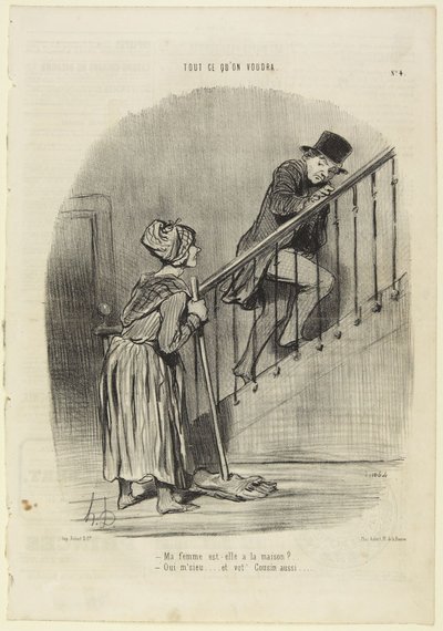 Ist meine Frau zu Hause?..., Nummer 4 aus der Serie „Alles, was man will“ aus Le Charivari von Honoré Daumier