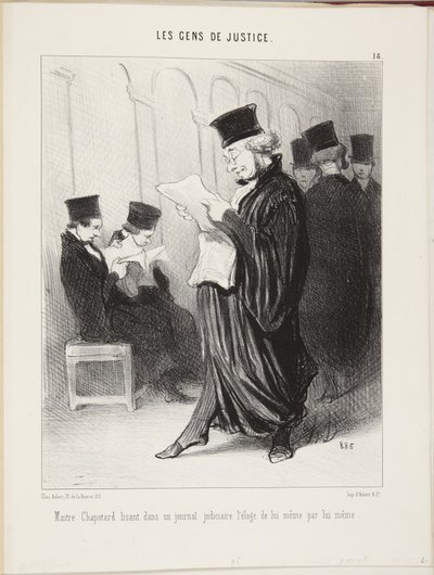 Maitre Chapotard liest in einer Gerichtszeitung das Lob von sich selbst, von ihm selbst von Honoré Daumier