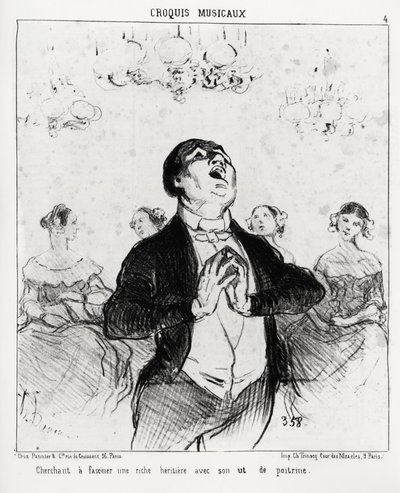 Musikalische Skizzen: versucht, eine reiche Erbin mit seiner Brust zu faszinieren. Illustration von Honore Daumier (1808-1879), veröffentlicht in „Charivari“, datiert 14. Februar 1852. von Honoré Daumier