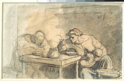 Suppe Ein Paar Arbeiter isst Suppe, die Mutter stillt das Baby. von Honoré Daumier