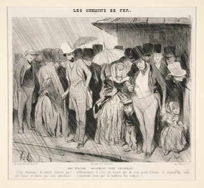 Ein unendlich zu langer Aufenthalt: Das ist erstaunlich! Der Zug kommt nicht!... Normalerweise hat er nur eine Dreiviertelstunde Verspätung,... aus „Die Eisenbahnen“, in Le Charivari, 13. November 1843 von Honoré Daumier