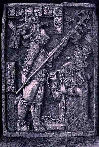 Geschnitzter Steinbalken aus Tempel 23, Yaxchilan, 726 n. Chr., zeigt den Herrscher Schild Jaguar und seine Frau, Lady Xoc, bei einem Blutopfer-Ritual, aus Die alten Städte der Neuen Welt, von Claude-Joseph-Desire Charnay von Honore after Chapuis