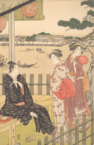 Gruppe in einem Teehaus am Ufer des Sumida-Flusses von Hosoda Eishi