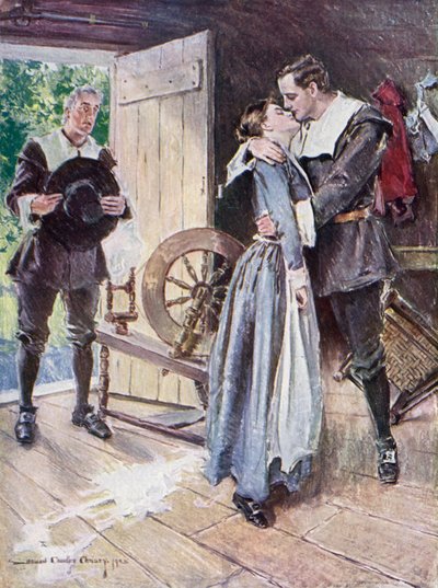 Illustration für The Courtship of Miles Standish von Henry Wadsworth Longfellow (Farblithografie) von Howard Chandler (after) Christy