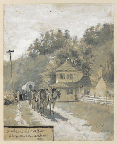 Ein altes Regierungsmauttor mit westwärts gebundenem Express, Zeichnung einer Illustration für den Artikel von Howard Pyle