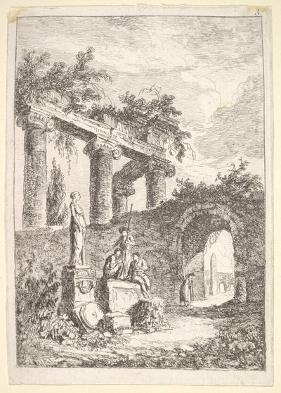 Tafel 3: Die Statue vor den Ruinen: eine Statue links neben drei Figuren auf einem Podest von Hubert Robert