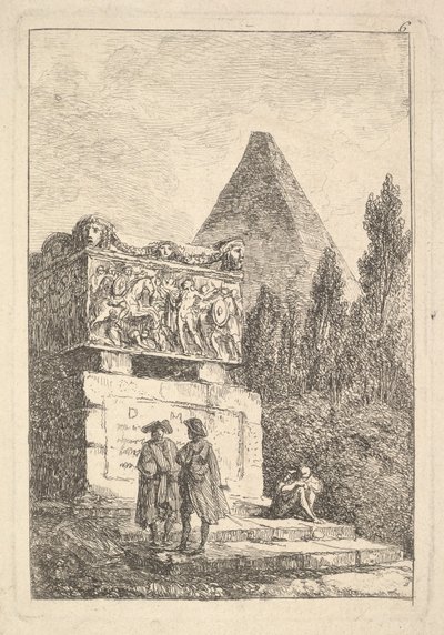 Tafel 6: Der Sarkophag: zwei Männer unterhalten sich nach links, ein anderer Mann sitzt und schläft, ca. 1763-64 von Hubert Robert