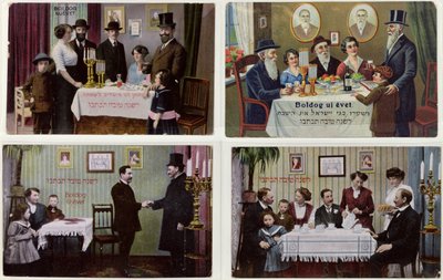 Postkarten, die die jüdische Familie an Rosch Haschana darstellen von Hungarian School