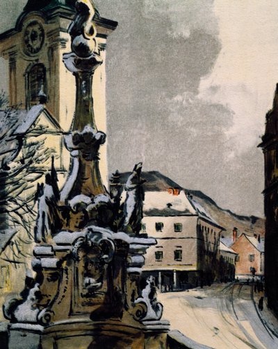 Ansicht von Hainburg an der Donau, Österreich, Stadt, in der Franz Joseph Haydn Musik studierte, Druck von Igo Potsch zur Feier des 100. Todestages des Musikers von Igo Potsch