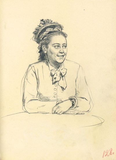 Studie für "Ein Pariser Café": Sitzende Frau mit Schleife und gefalteten Händen, ca. 1872-1875 von Ilya Efimovich Repin