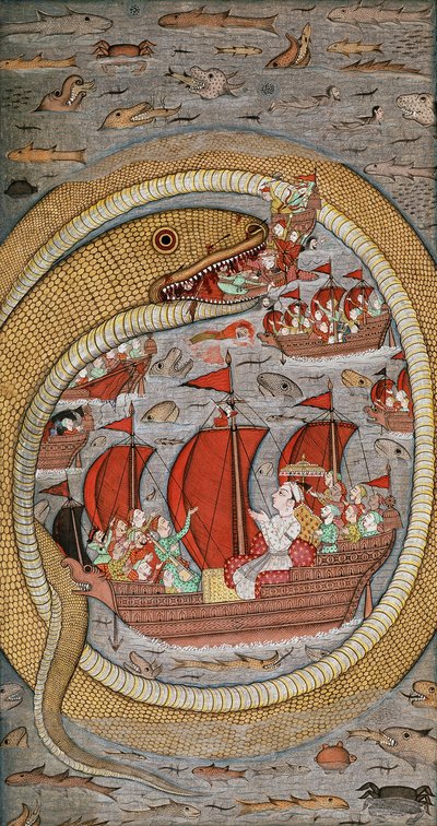Eine monströse Schlange verschlingt die königliche Flotte, ca. 1670-1690 von Indian School