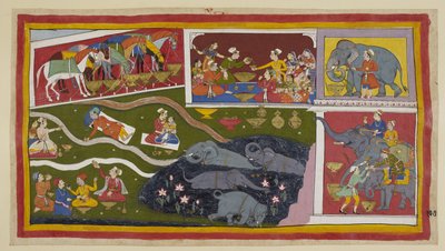 Die Pferde, Elefanten und Soldaten genießen ebenfalls Bharadwajas Gastfreundschaft. Die Pferde essen aus großen goldenen Schalen; ebenso die Elefanten, die hier mit Zuckerrohr präsentiert werden von Indian School
