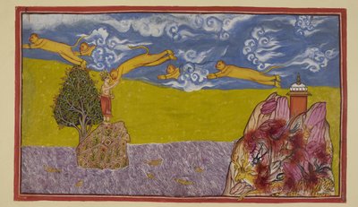 Unbeeindruckt von der Breite des Ozeans, vergrößert sich Hanuman auf immense Größe und schleudert sich von dem noch brennenden Berg Mahendra aus in den Raum und über den Ozean zum Inselreich Lanka von Indian School